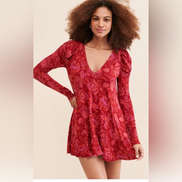 Free People Women’s Hello Lover Dress Tunic Top Size Small Red Ruched Fall - Picture 1 of 12